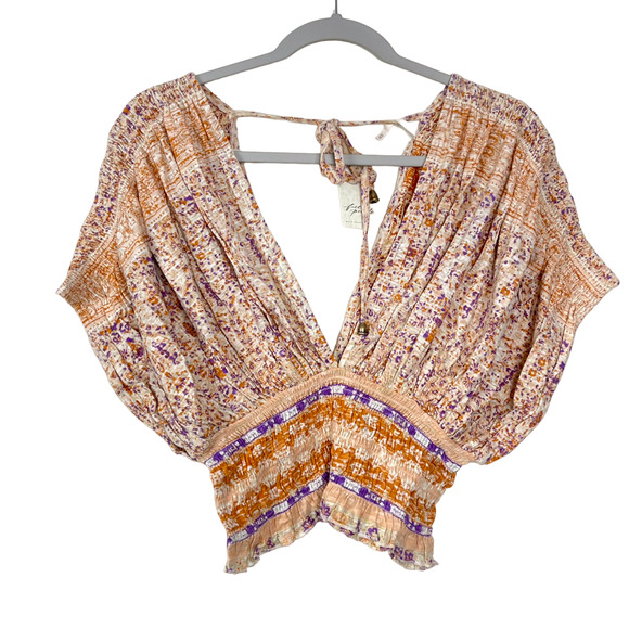 Free People Ivory Combo Smocked Elastic V-Neck Blouse NWT Size XS - Picture 2 of 8